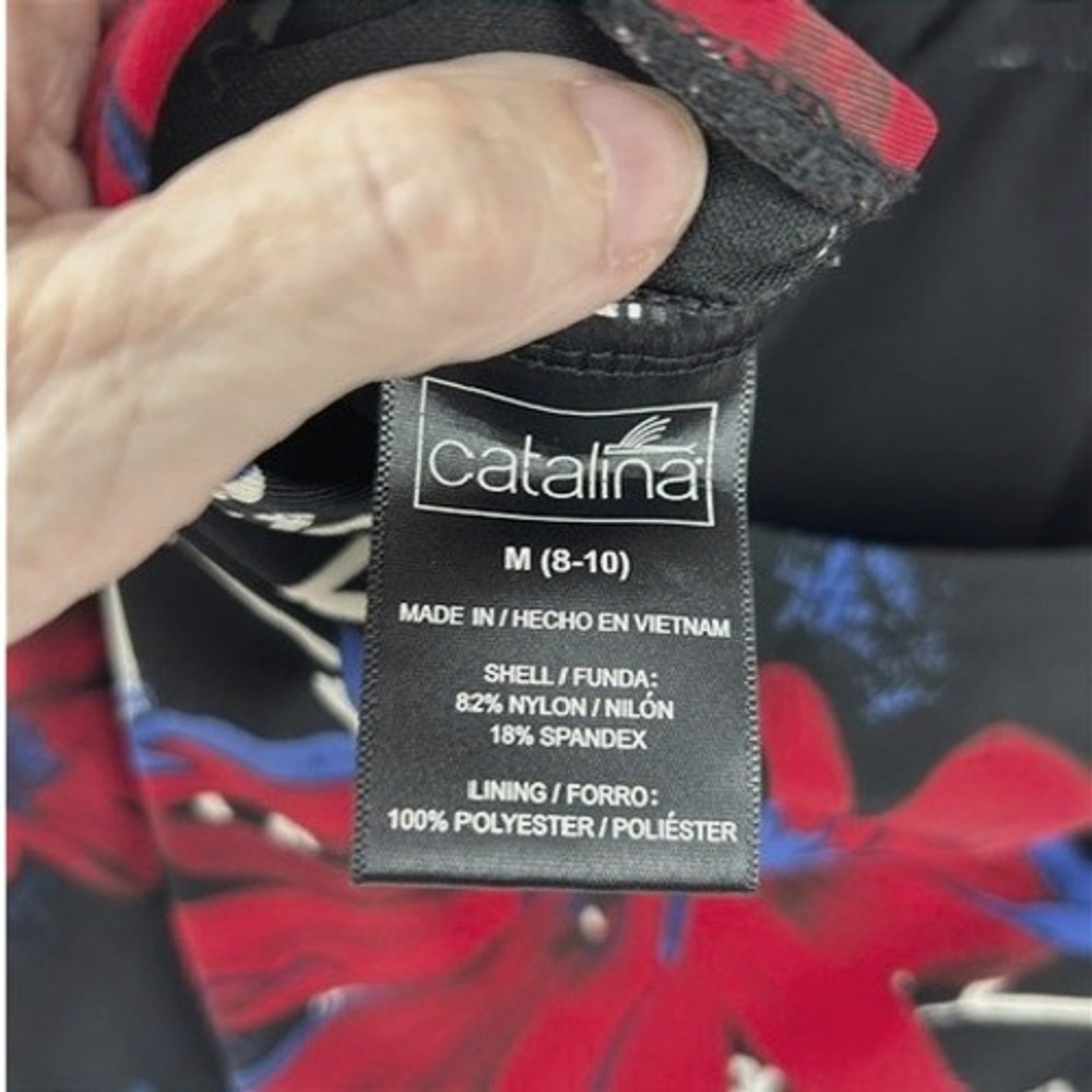 Catalina Red Floral Halter Tankini Swim Top Open Back Black Blue M 8-10 - Picture 4 of 8